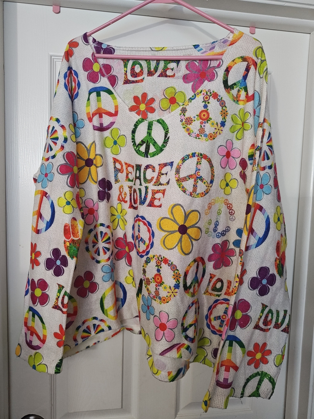 SHEIN White V-Neck Sweater with Multicolor Peace Signs & Flowers